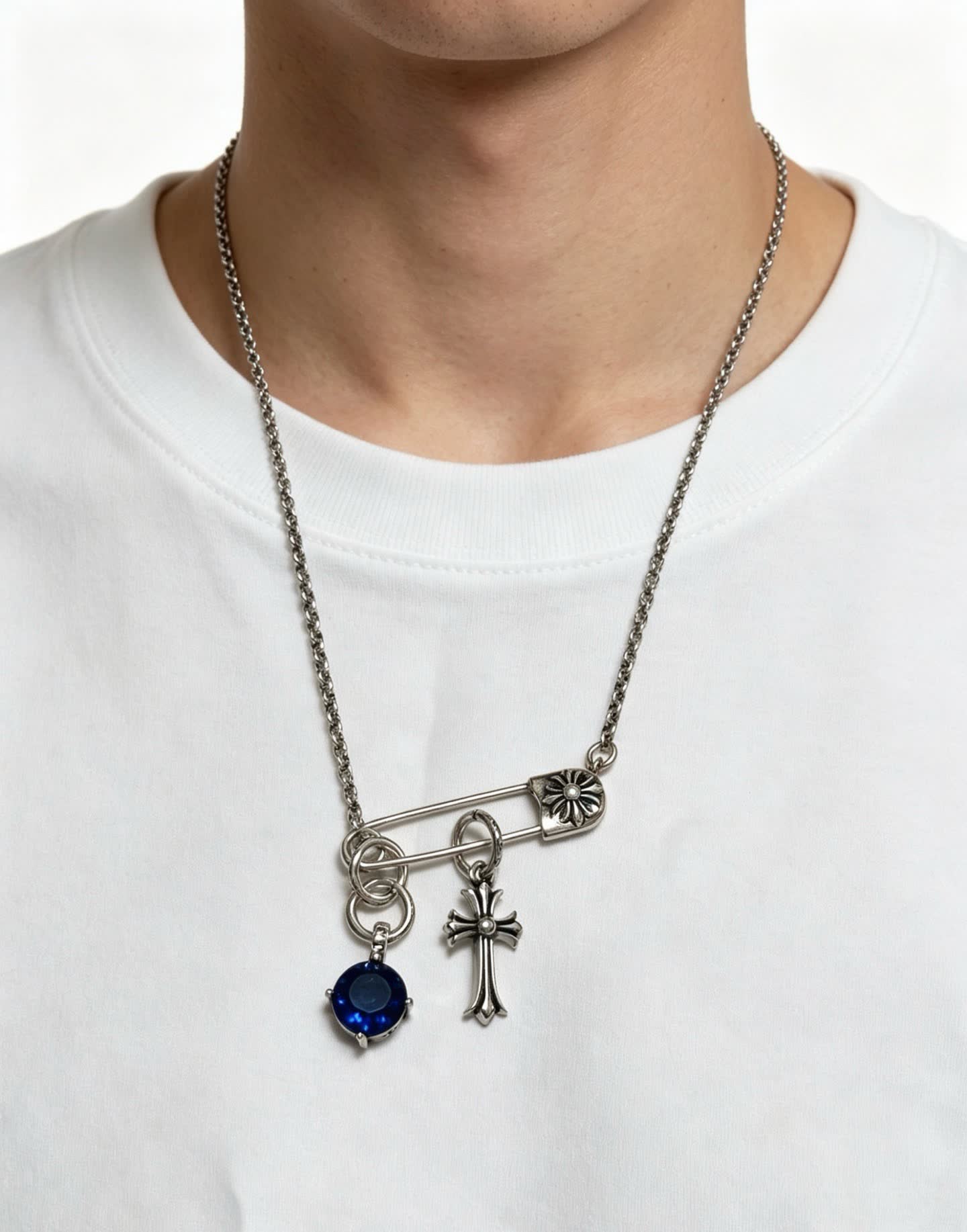 Chrome Hearts Silver Cross and Lock Charm Necklace with Blue Gemstone